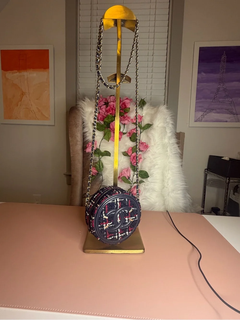 Chanel Filigree Round Clutch with Chain Tweed Navy Red Crossbody Bag